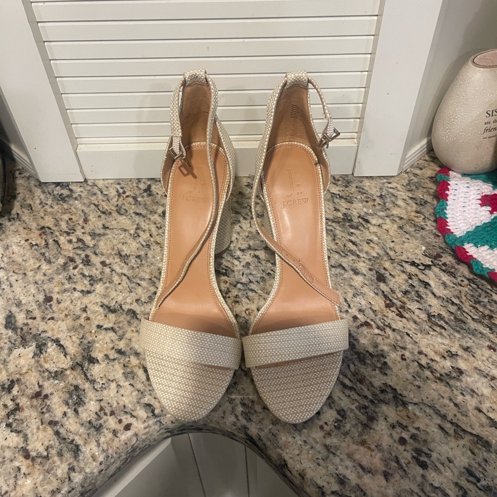 J. Crew Raffia Round Block High Heel Sandals - Picture 2 of 7